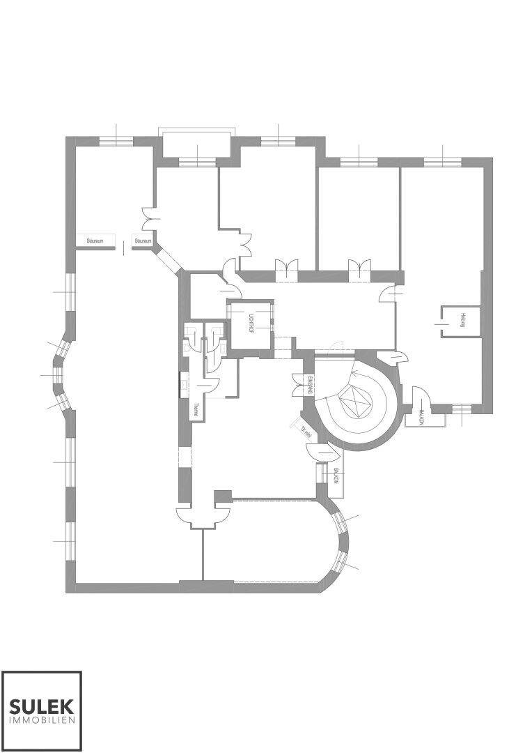 Grundriss einer Etage mit mehreren Räumen und einem zentralen Treppenhaus.