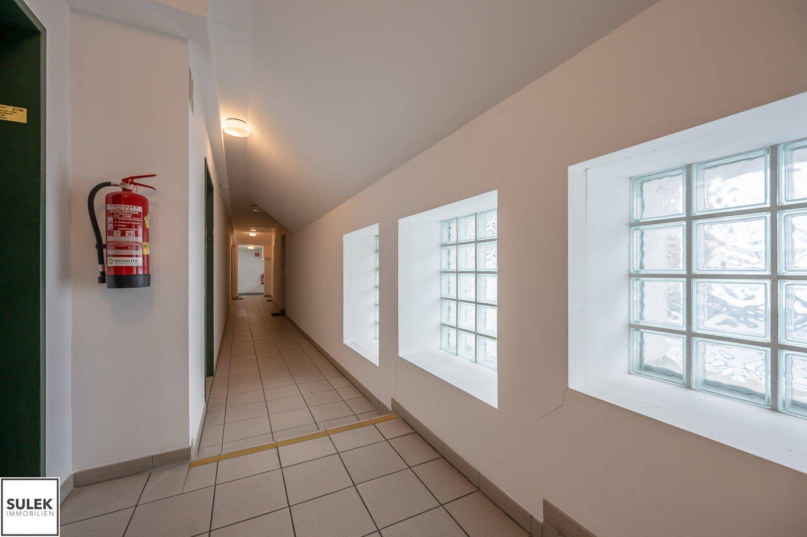 Flur mit Fliesenboden und dekorativen Glasbausteinen, die natürliches Licht hereinlassen.