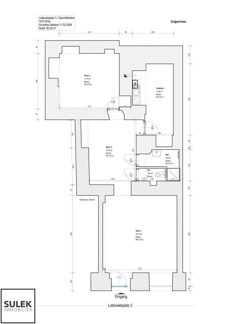 Grundriss des Erdgeschosses mit drei Räumen, Bad und WC, Gesamtfläche 80,38 m².