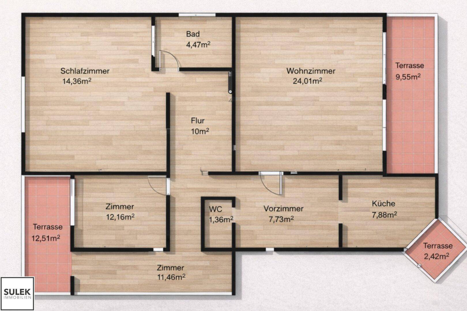 Detaillierter Grundriss der Wohnung mit Wohnzimmer, Schlafzimmern, Küche und Terrassen.