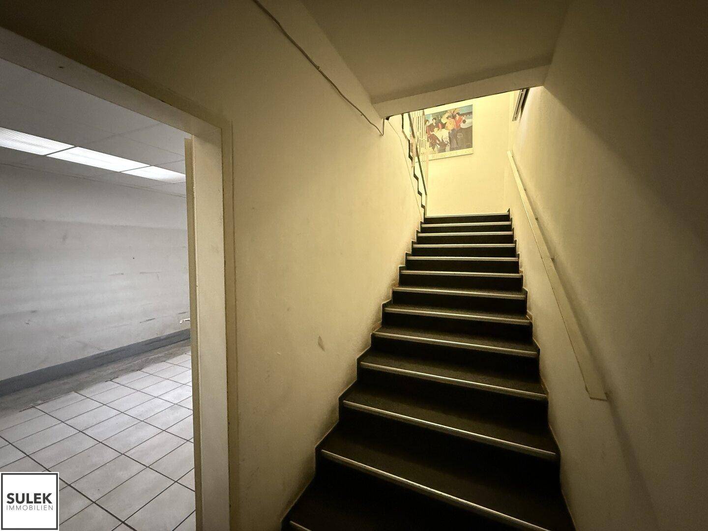 Treppenhaus mit dunklem Teppichboden und weiß gestrichenen Wänden, führt in den unteren Bereich.