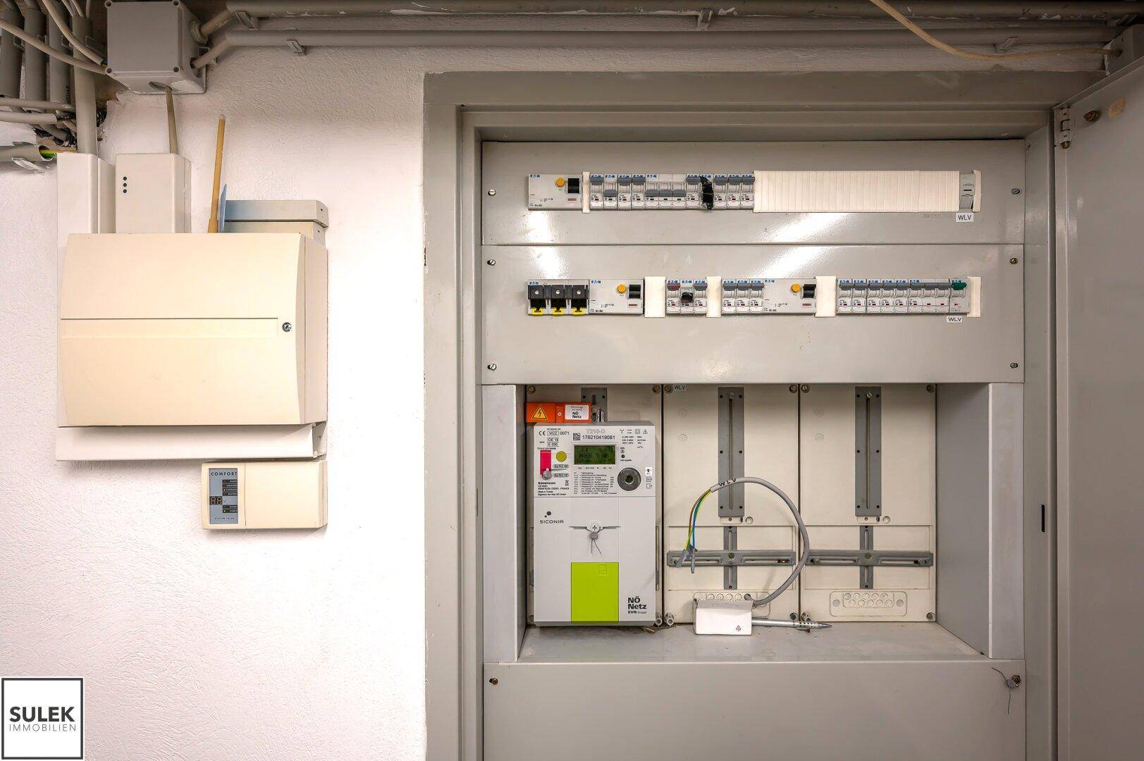 Hauptverteilerkasten mit Stromzähler und verschiedenen Sicherungen für das Gebäude.