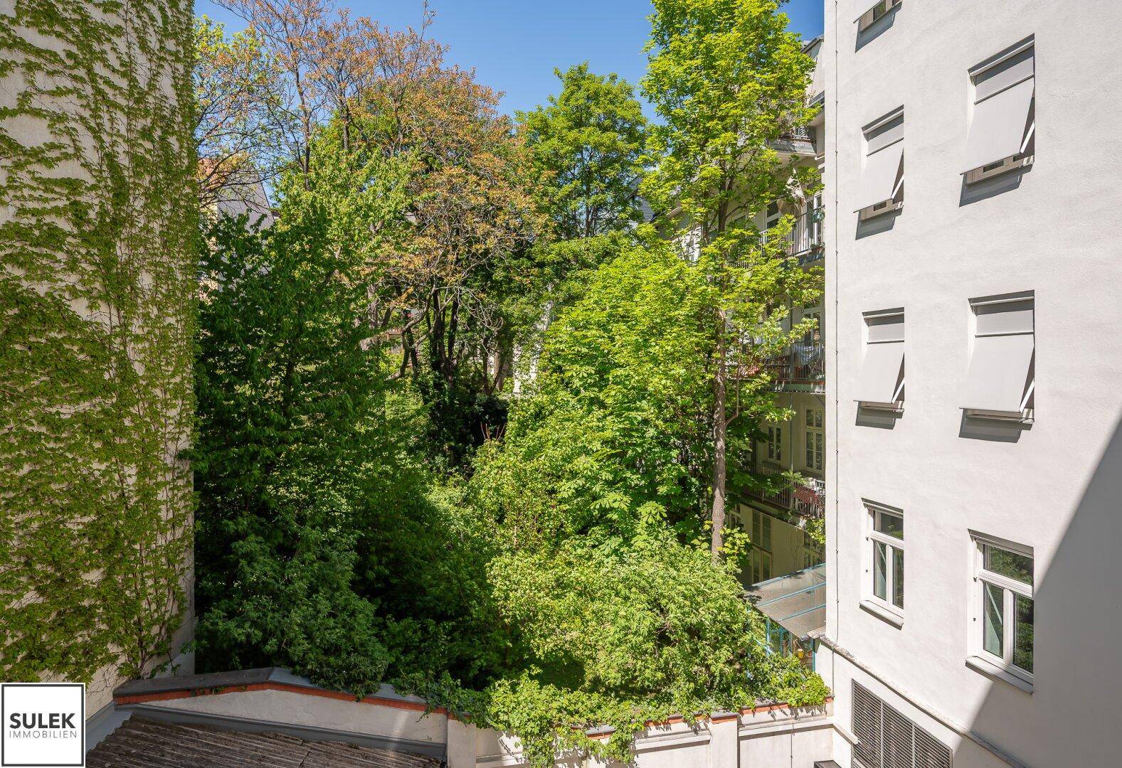 Üppiges Grün und Bäume vor einer Gebäudefassade, bieten eine natürliche und beruhigende Aussicht.
