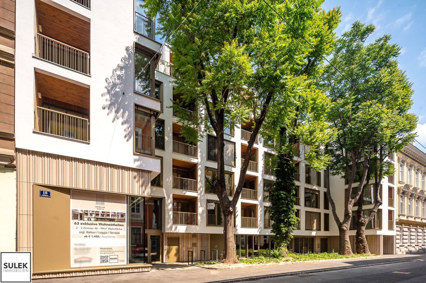 Neubau-Wohngebäude mit zeitgemäßer Architektur, Balkonen und Werbetafel an der Straßenseite.