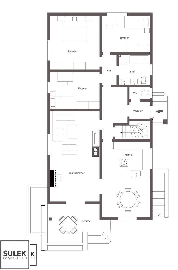 Grundriss des Obergeschosses mit Wohnzimmer, Küche, Bad und Terrasse.