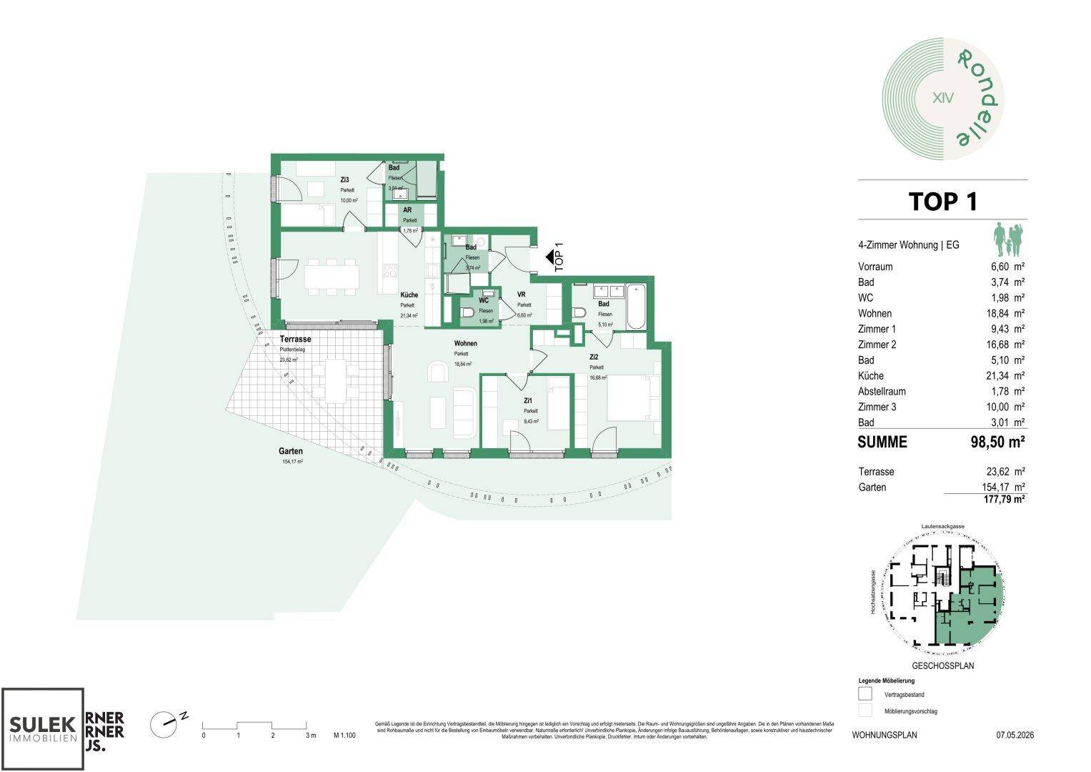 Detaillierter Grundriss der 4-Zimmer-Wohnung TOP 1 mit Flächenangaben für alle Räume.