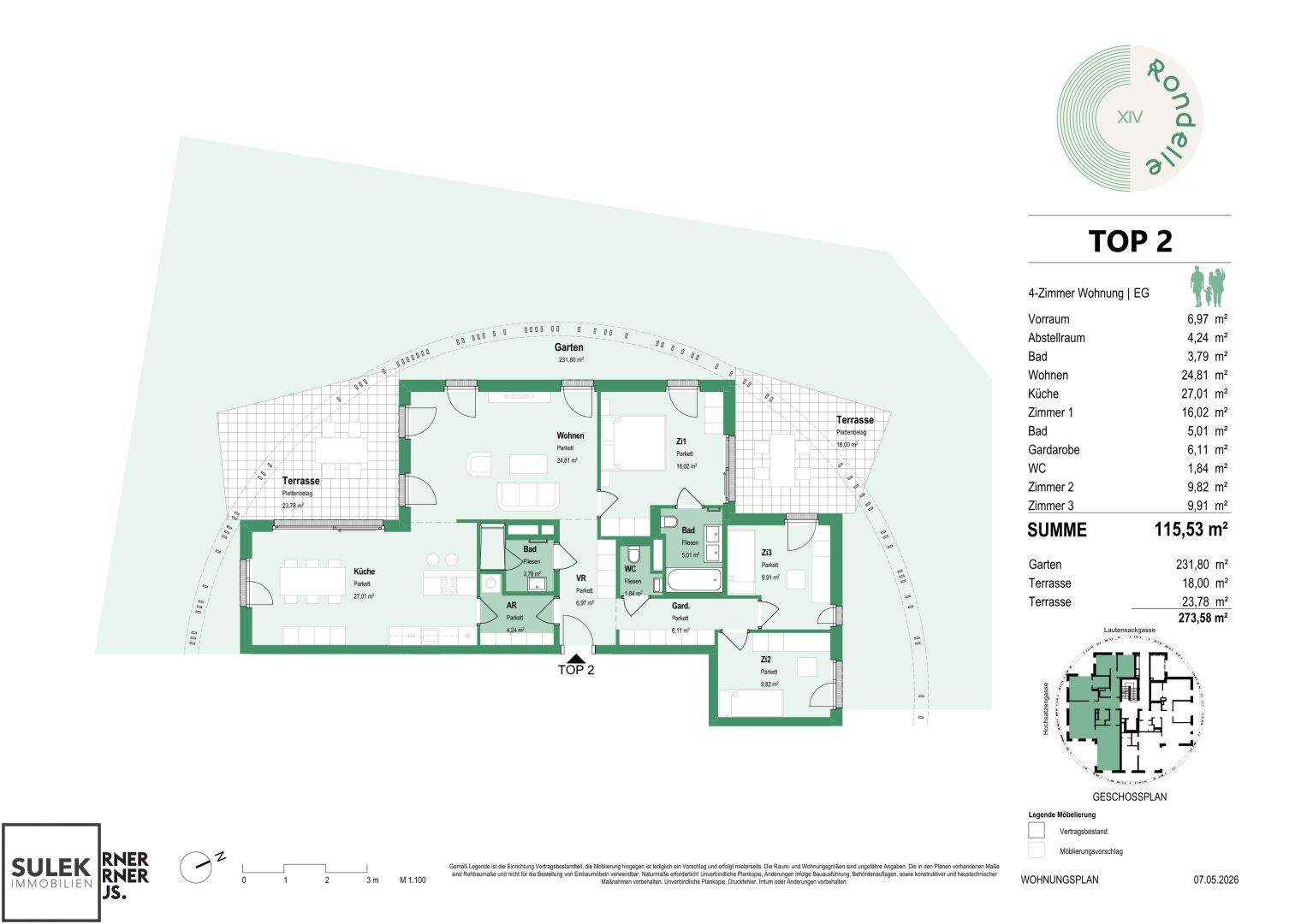Übersichtlicher Grundriss der Wohnung TOP 2 mit Flächenangaben und Raumaufteilung.