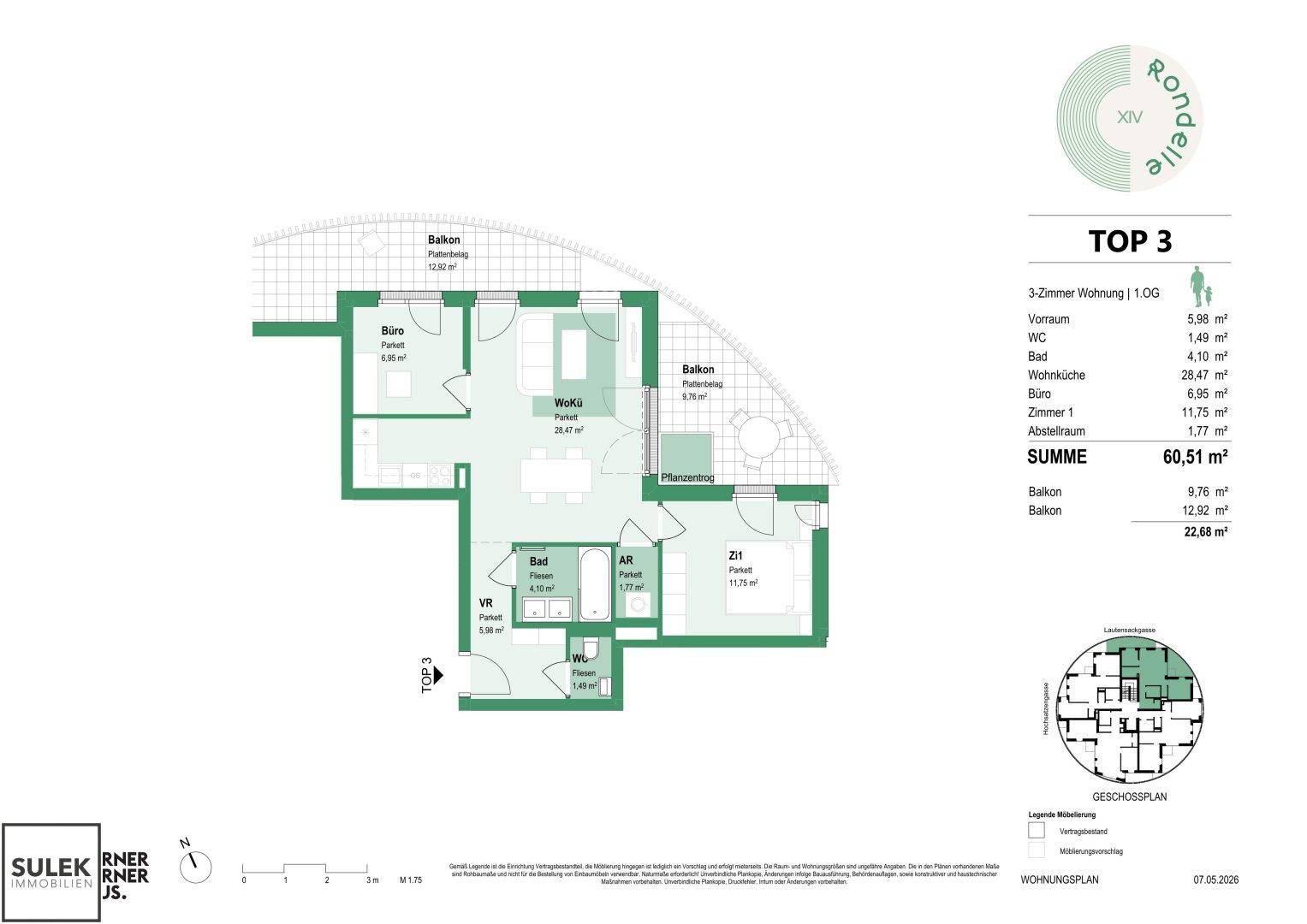 Übersichtlicher Grundriss der Wohnung Top 3 mit Flächenangaben und Balkonen.