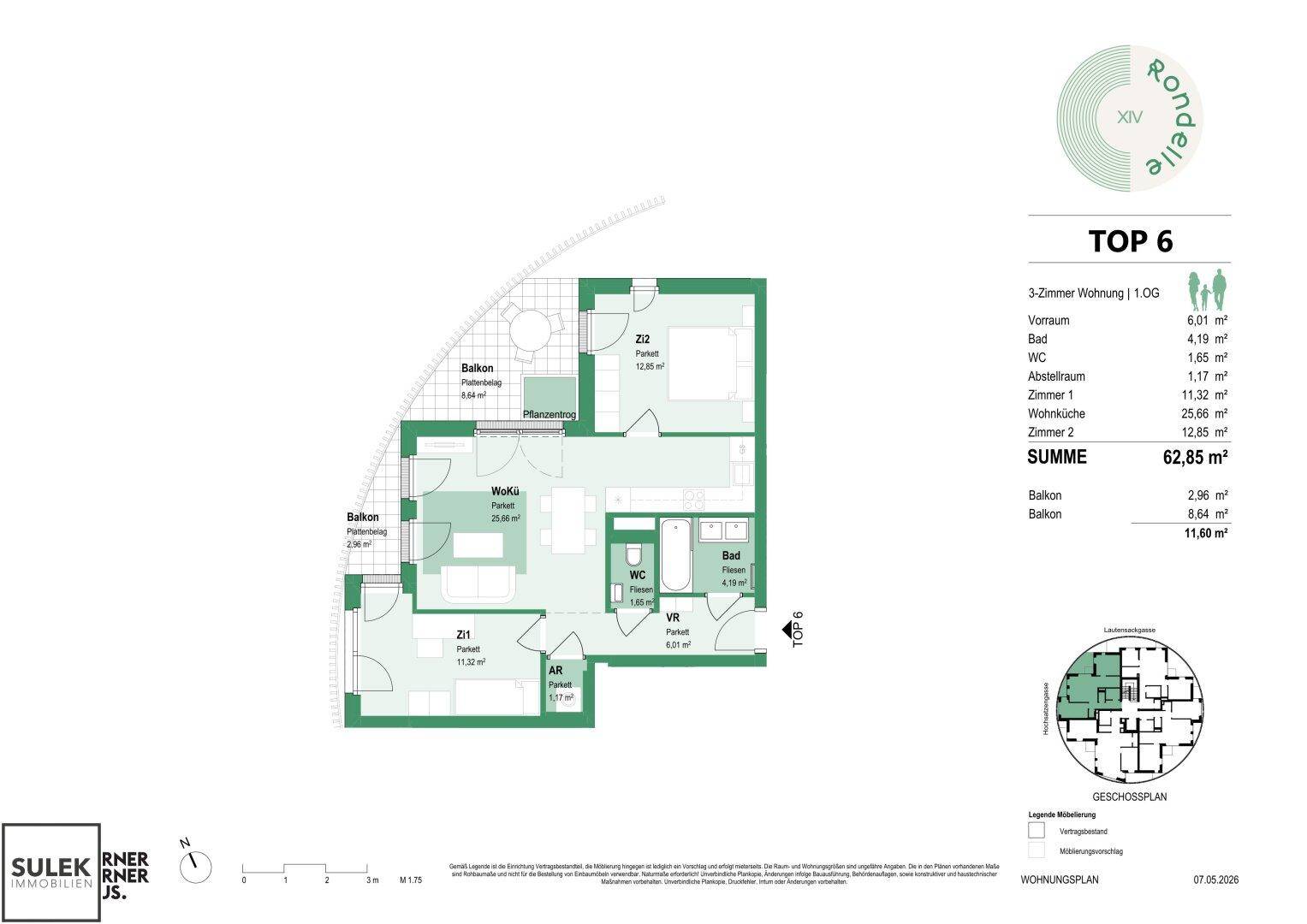 Detaillierter Grundriss der Wohnung "TOP 6" mit Raumaufteilung und Flächenangaben.