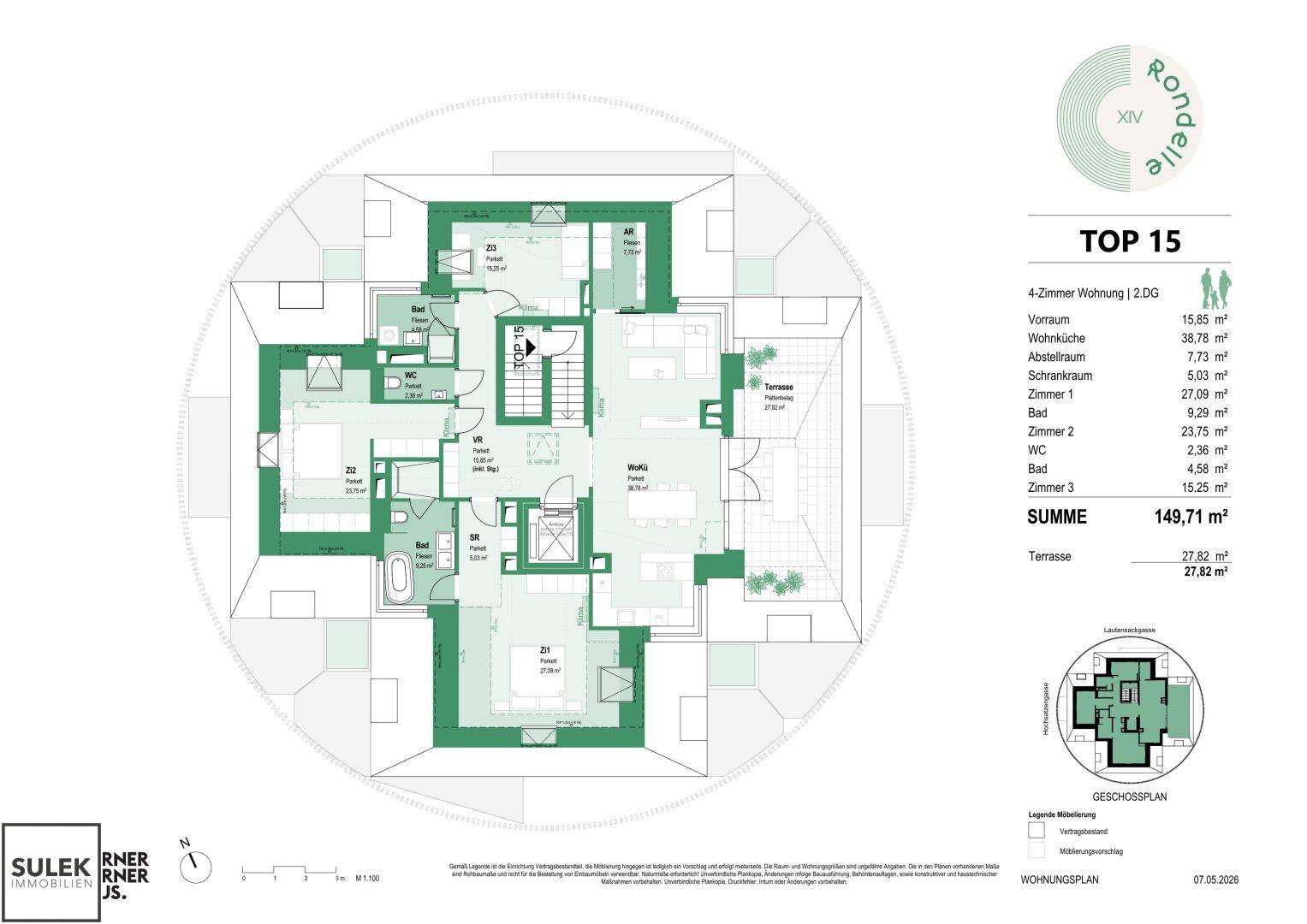 Übersichtlicher Wohnungsplan mit Raumaufteilung, Flächenangaben und einer großen Terrasse.