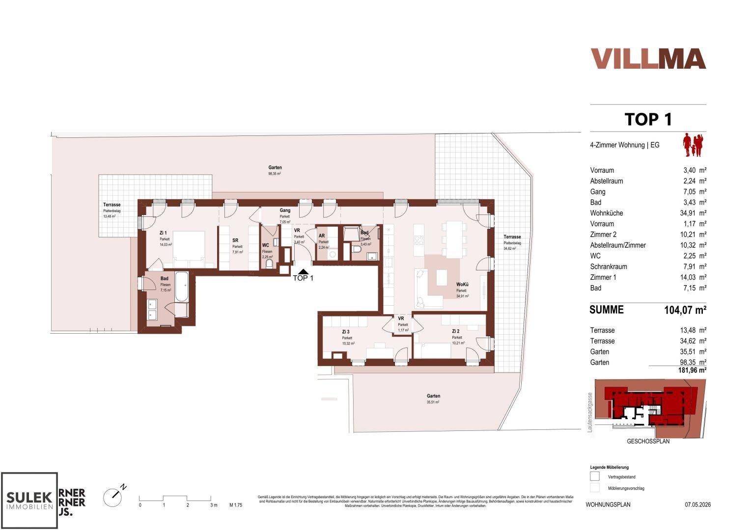 Detaillierter Grundriss der Wohnung TOP 1 mit Raumaufteilung, Flächenangaben, Terrassen und Gärten.