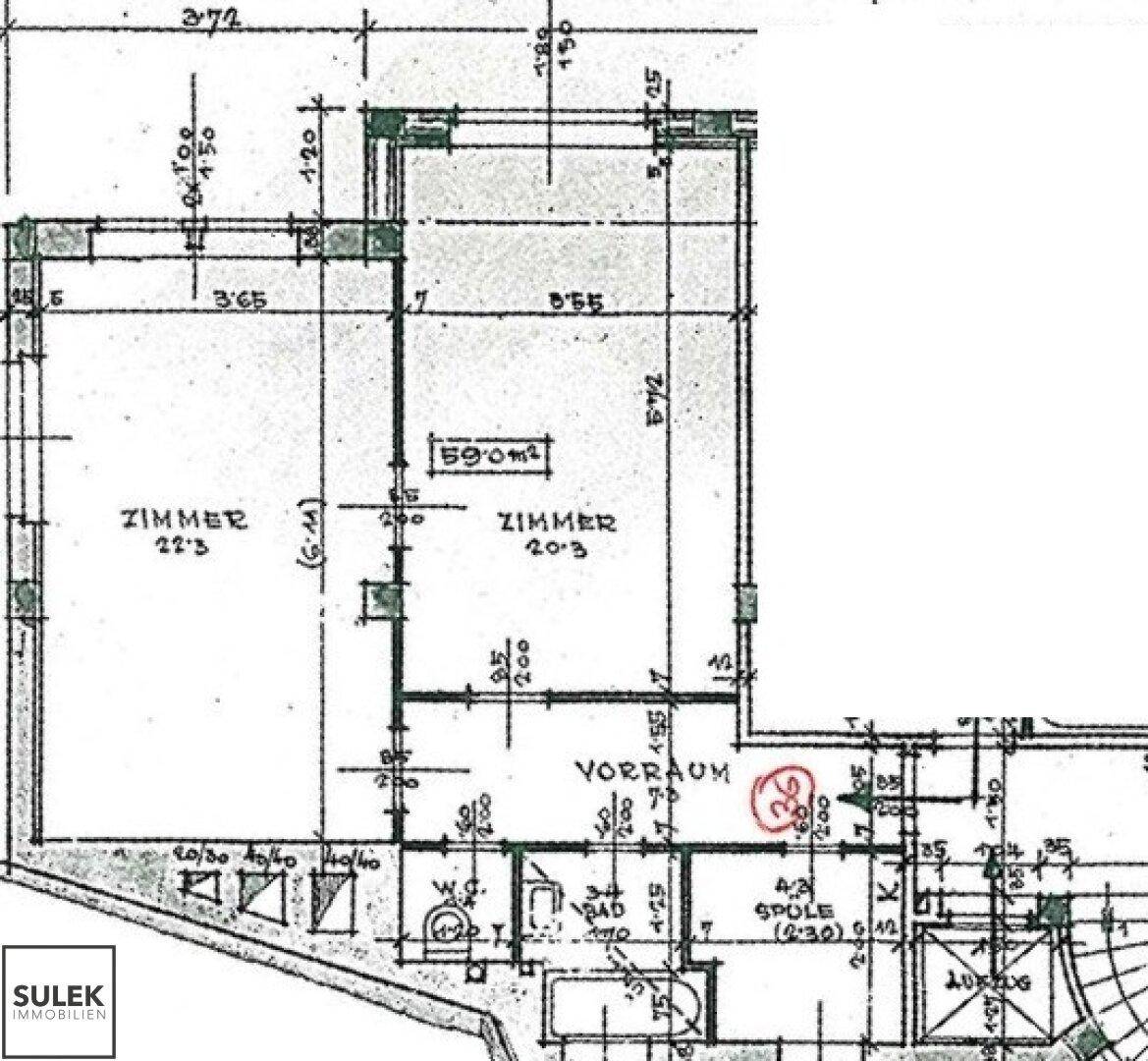 Grundrissplan einer Wohnung mit zwei Zimmern, Vorraum, Bad und separatem WC.