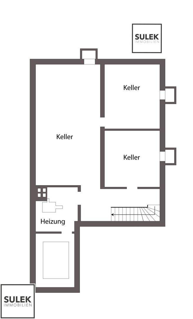Grundriss des Kellergeschosses mit mehreren Kellerräumen und einem separaten Heizungsbereich.