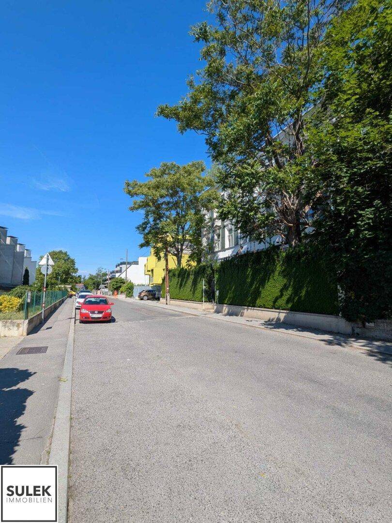 Ruhige Wohnstraße mit geparkten Autos und grünen Hecken entlang der Gebäude.