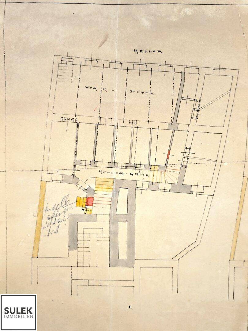 Detailansicht des Keller-Grundrisses mit Werkstatt, Ställen und Kellergang.