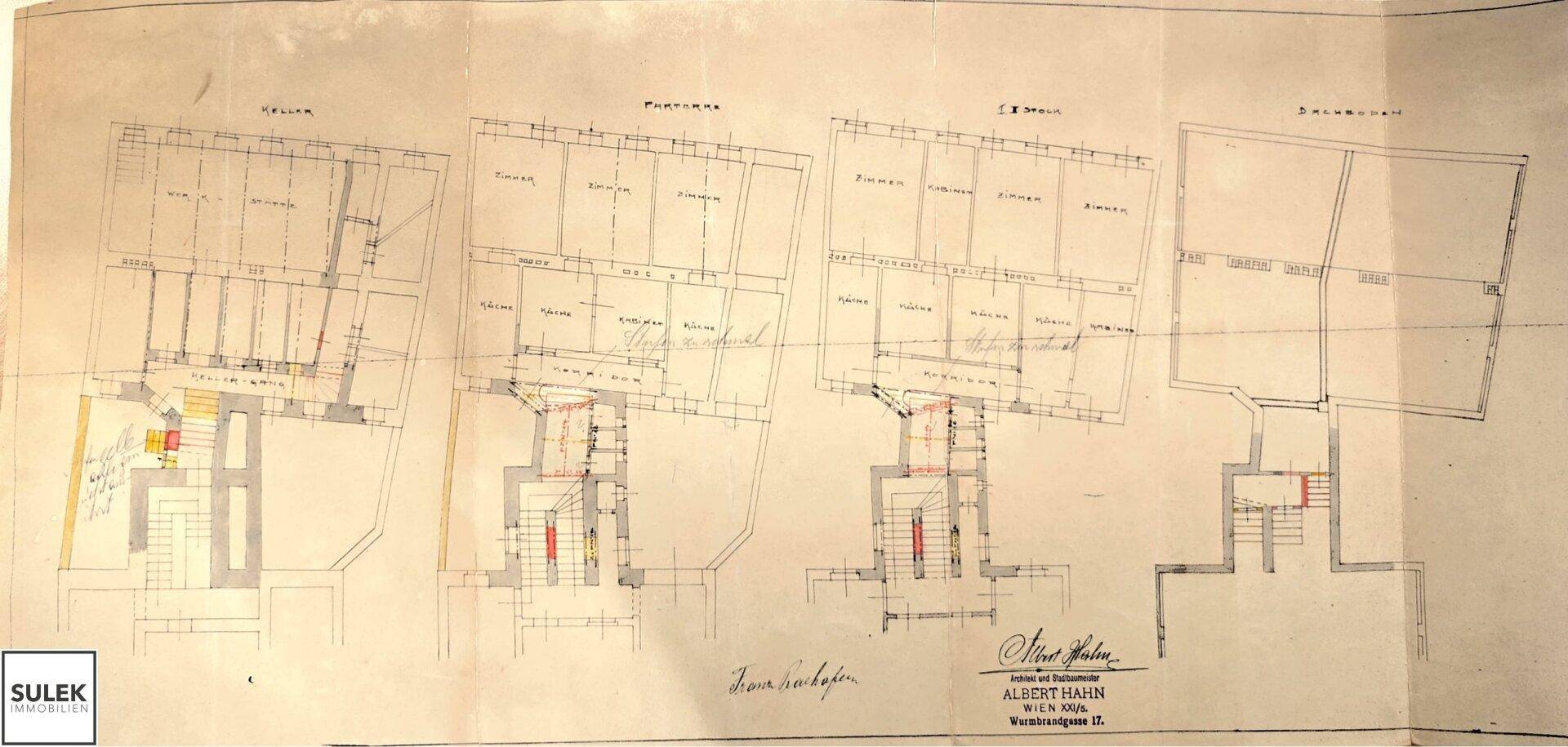 Historischer Grundrissplan zeigt Keller, Erdgeschoss, ersten Stock und Dachboden eines Gebäudes.