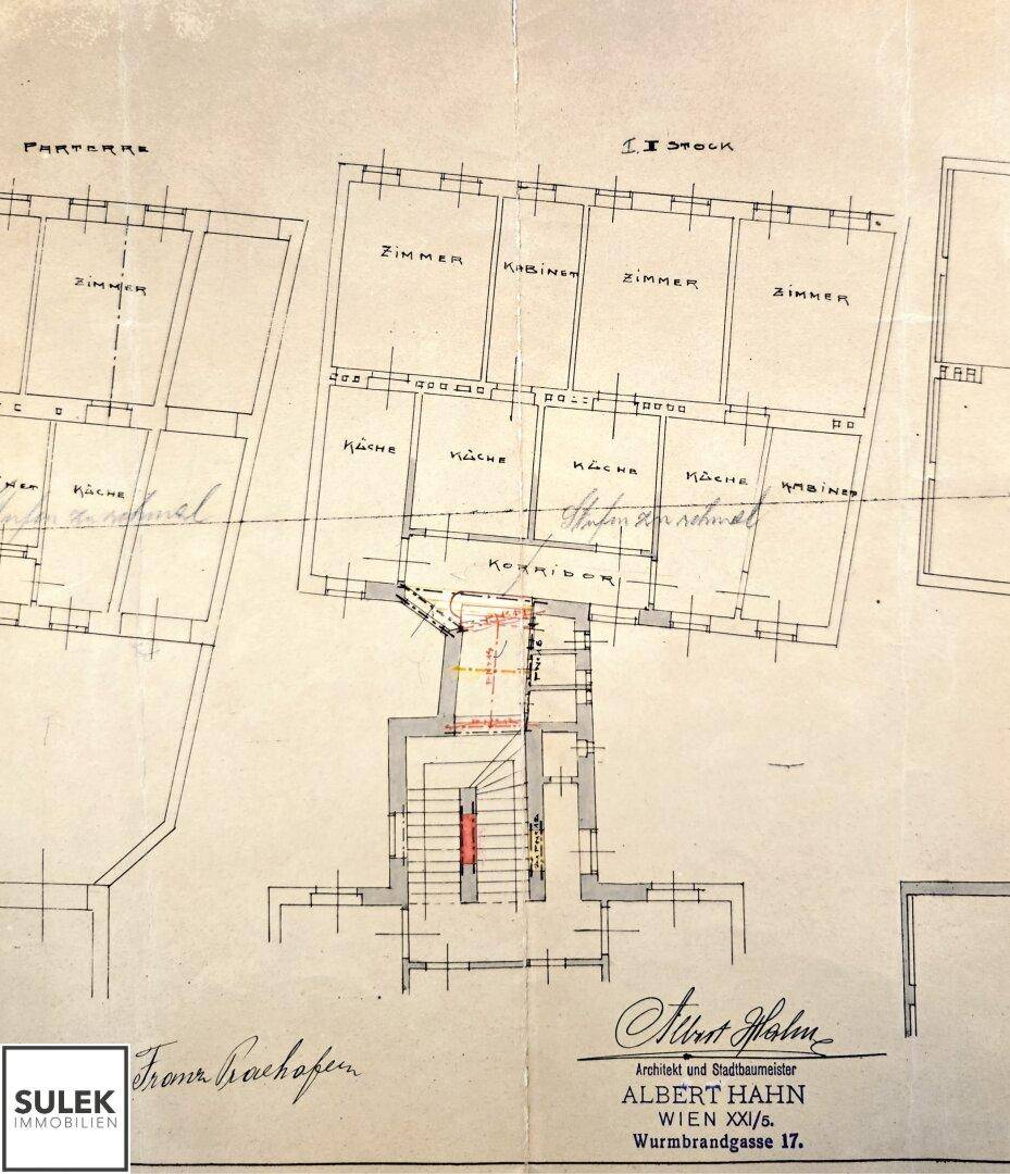 Ausschnitt des Grundrisses zeigt Erdgeschoss und ersten Stock mit Zimmern, Küchen und Treppenhaus.