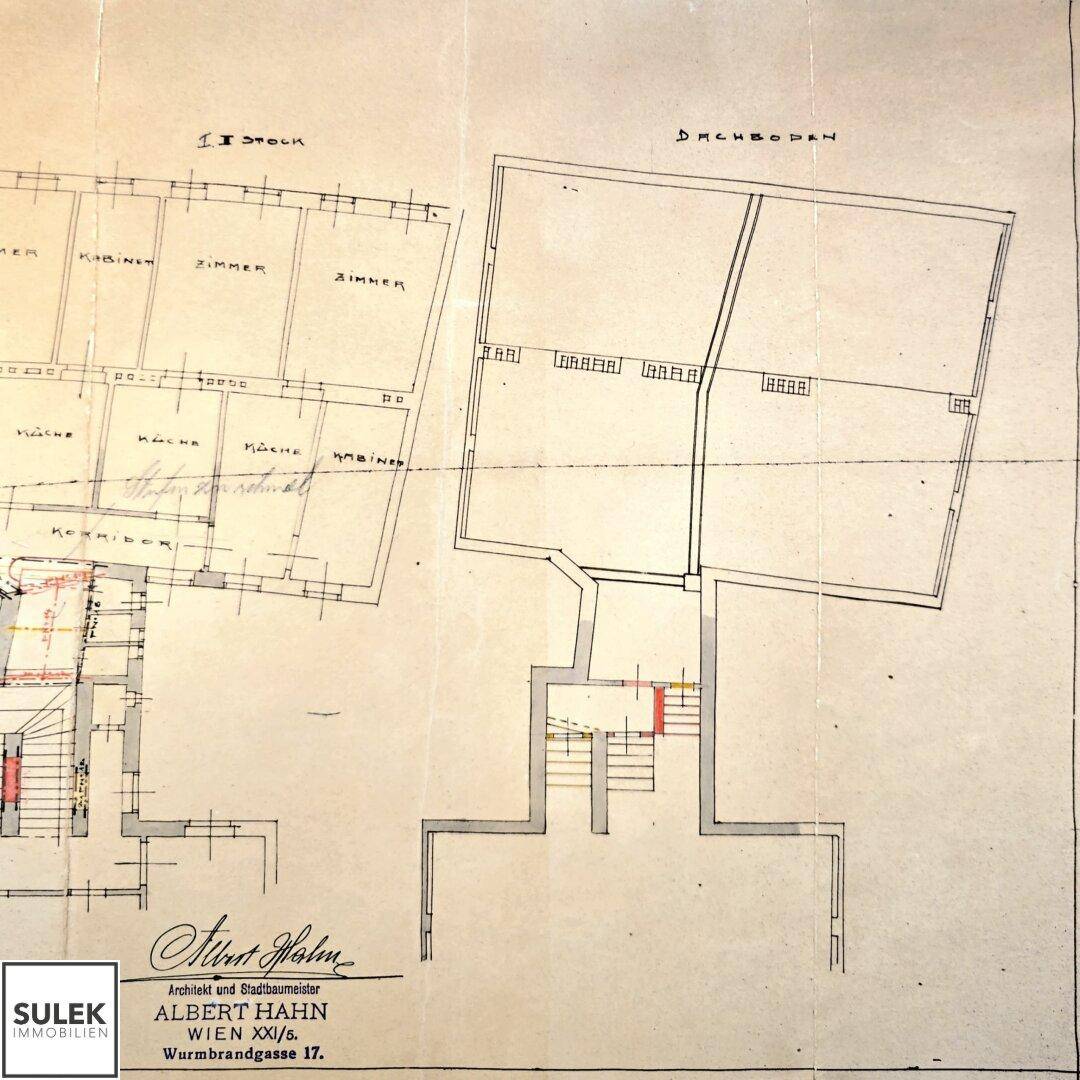 Ausschnitt des Grundrisses zeigt ersten Stock und Dachboden mit Zimmern und Treppenhaus.