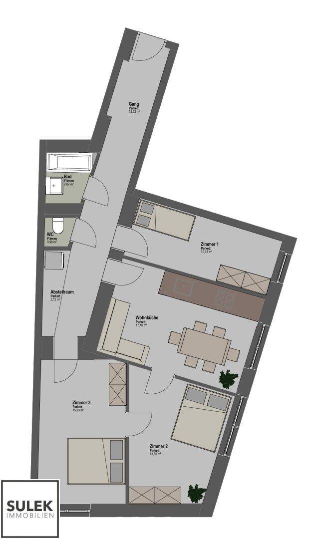 Detaillierter Grundriss einer Wohnung mit drei Zimmern, Bad und separatem WC.
