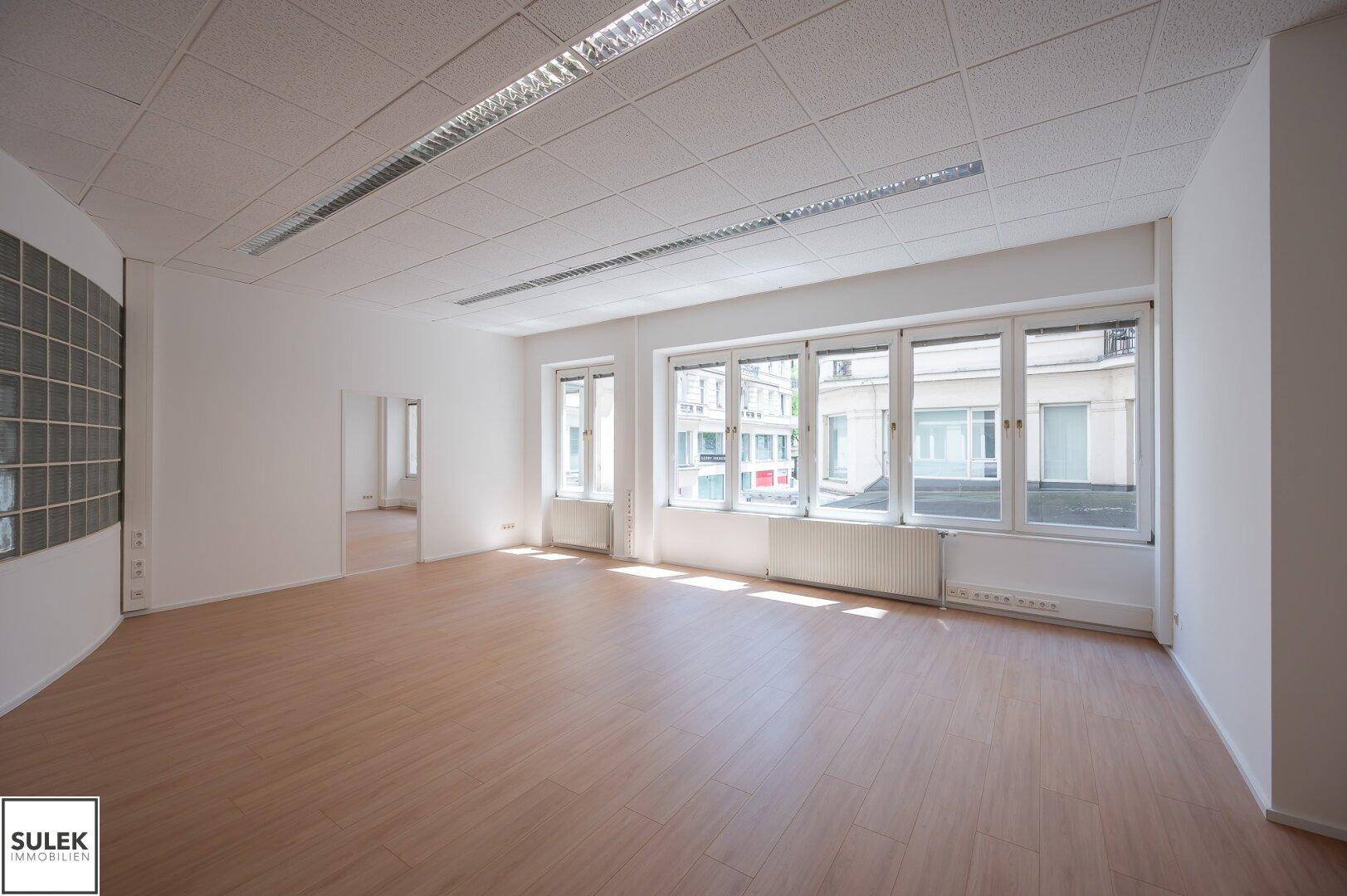 Weitläufiges Büro mit großen Fenstern, die einen Blick nach draußen ermöglichen, und hellem Laminatboden.