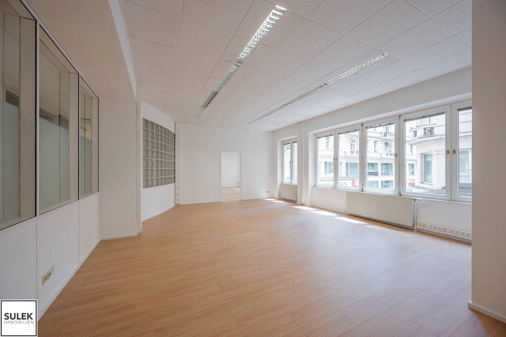 Großes, helles Büro mit vielen Fenstern, die viel Tageslicht hereinlassen, und hellem Laminatboden.