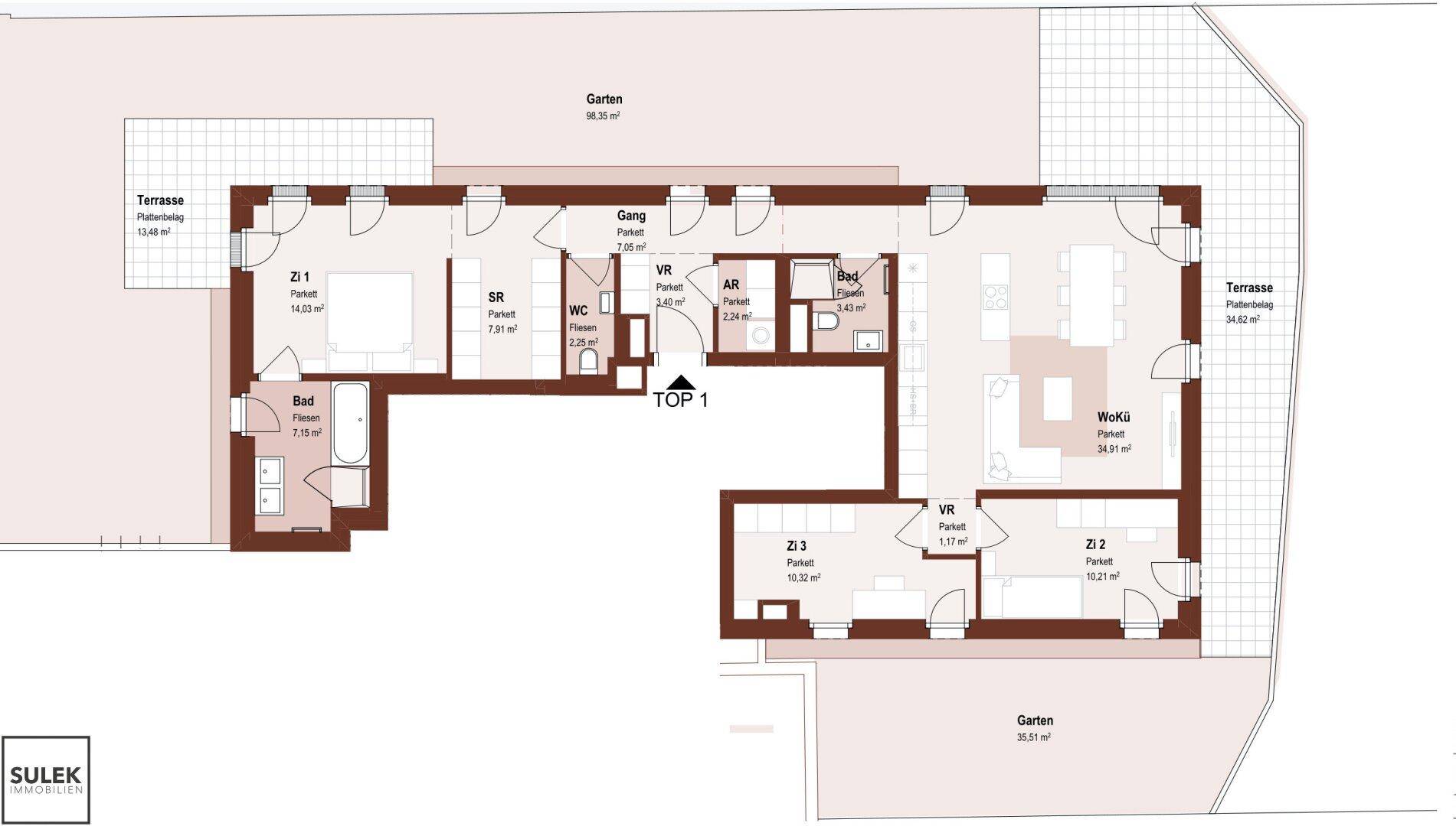 Grundriss einer Wohnung mit drei Zimmern, offener Wohnküche, zwei Bädern, Terrasse und Gartenbereichen.