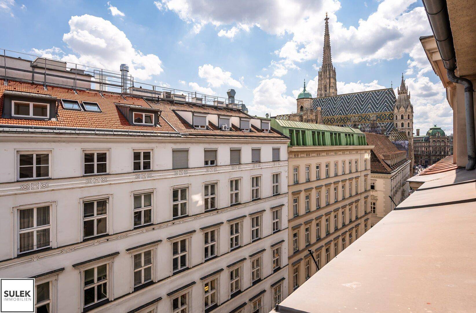 Weitblick über die historischen Dächer der Stadt mit dem markanten Stephansdom im Hintergrund.