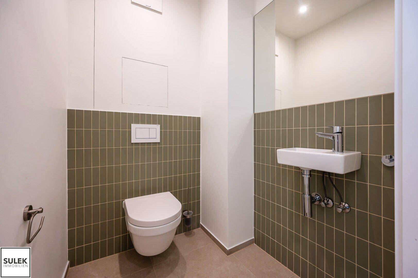 Modernes Gäste-WC mit wandhängender Toilette, kleinem Waschbecken und grün-grauen Fliesen.