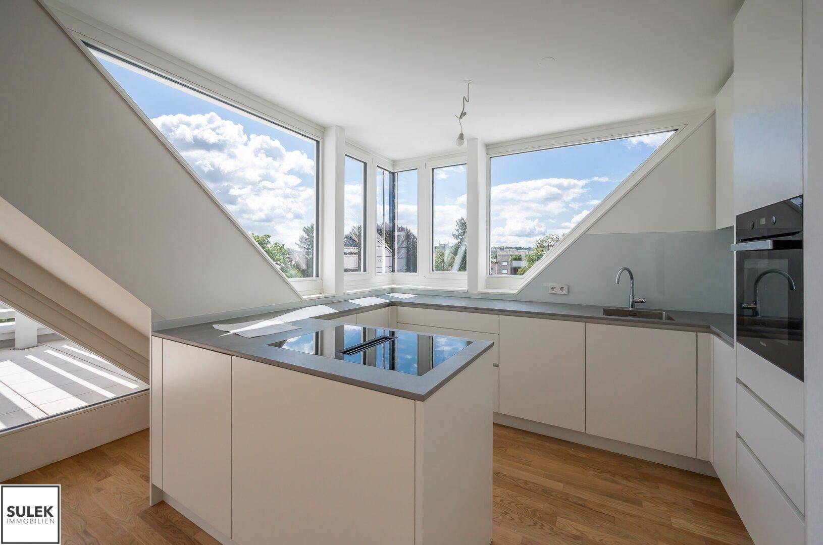 Moderne Einbauküche mit Kochinsel, Induktionskochfeld und großen Fenstern mit Weitblick.