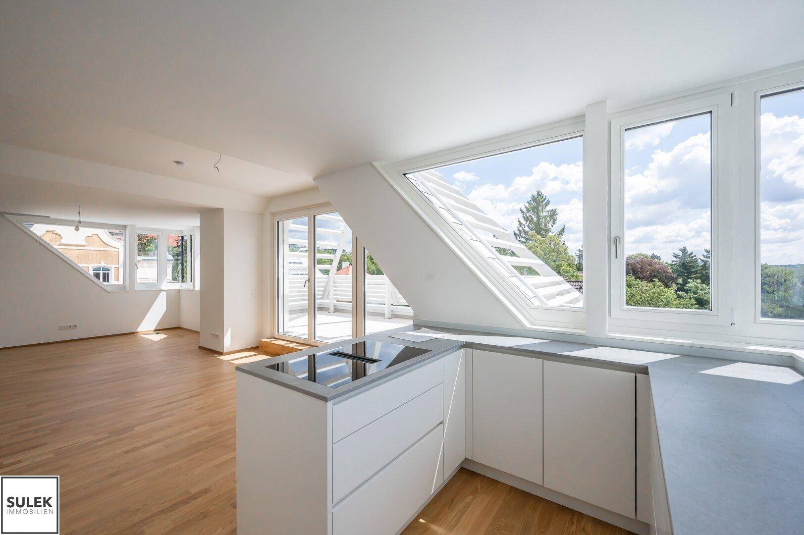 Moderne Küche mit Kochinsel, Induktionskochfeld und weitem Blick aus den großen Fenstern.