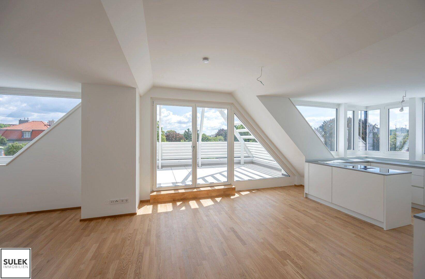 Geräumiger Wohnbereich mit Holzboden, großen Fenstern und Zugang zu einer sonnigen Dachterrasse.