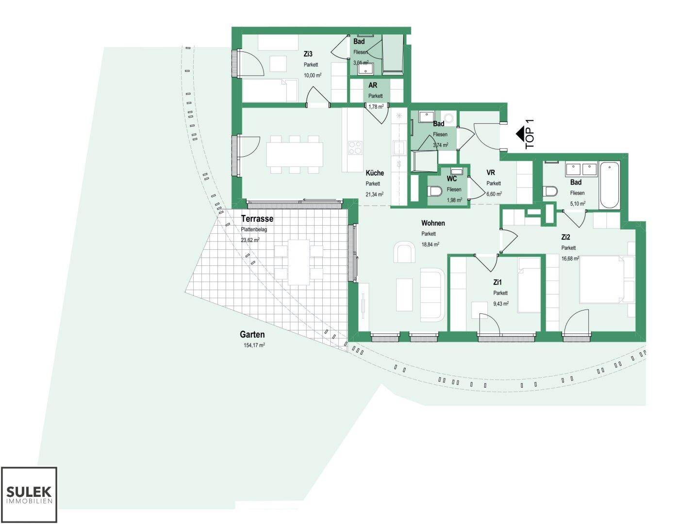 Grundriss der Wohnung TOP 1 mit Terrasse, Garten und drei Schlafzimmern.