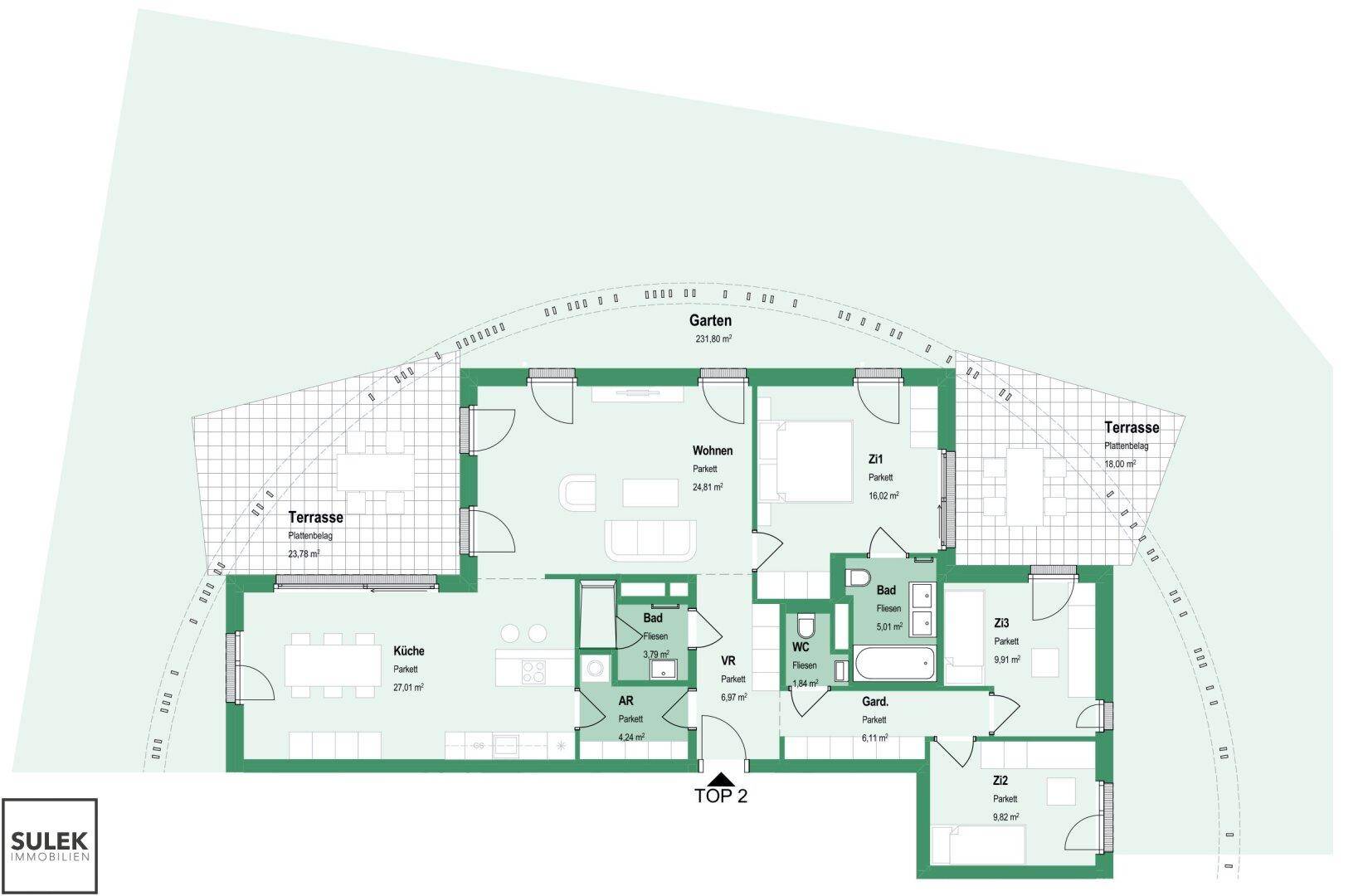 Detaillierter Grundriss einer Wohnung mit drei Zimmern, offener Küche und zwei Terrassen.