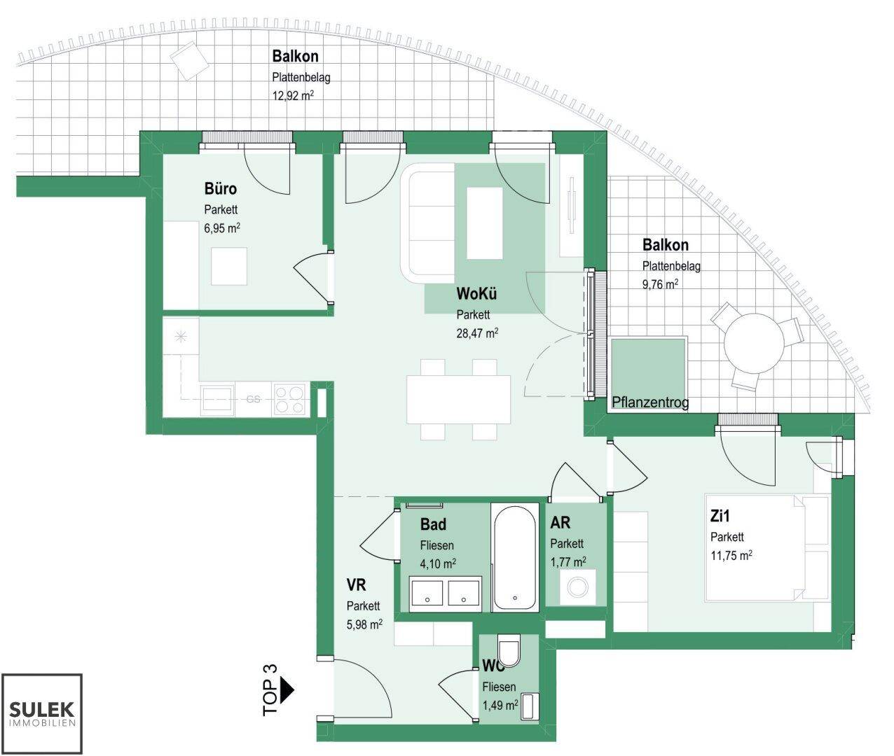 Detaillierter Grundriss einer Wohnung mit zwei Balkonen und offener Wohnküche.