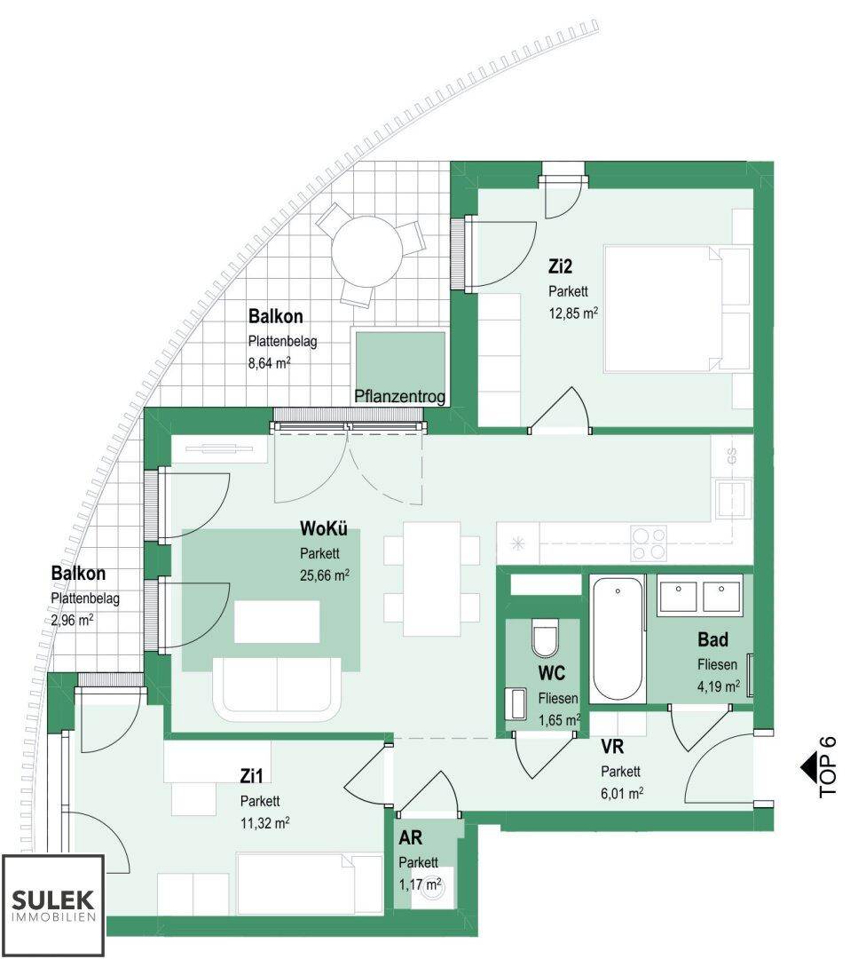 Grundriss einer Wohnung mit zwei Schlafzimmern, offenem Wohnbereich und zwei Balkonen.