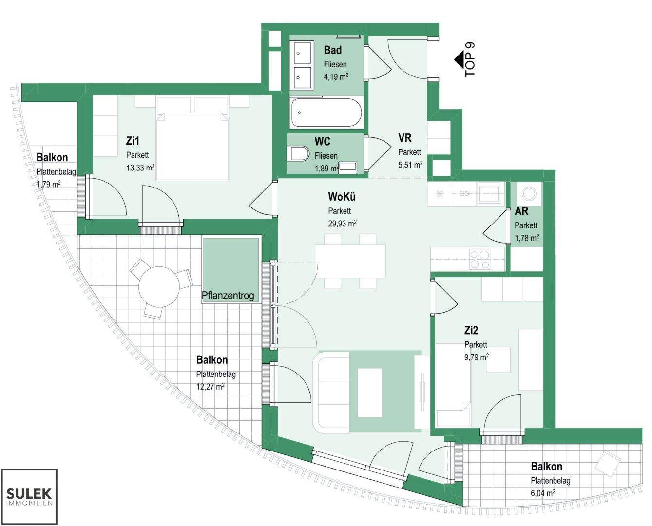 Grundriss einer Wohnung mit drei Balkonen, offenem Wohnbereich und zwei Schlafzimmern, gut aufgeteilt.
