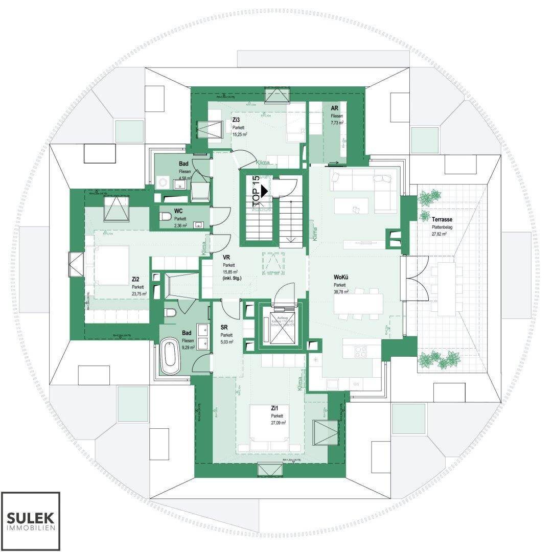 Detaillierter Grundriss einer Wohnung mit mehreren Zimmern, Bädern und einer großen Terrasse.