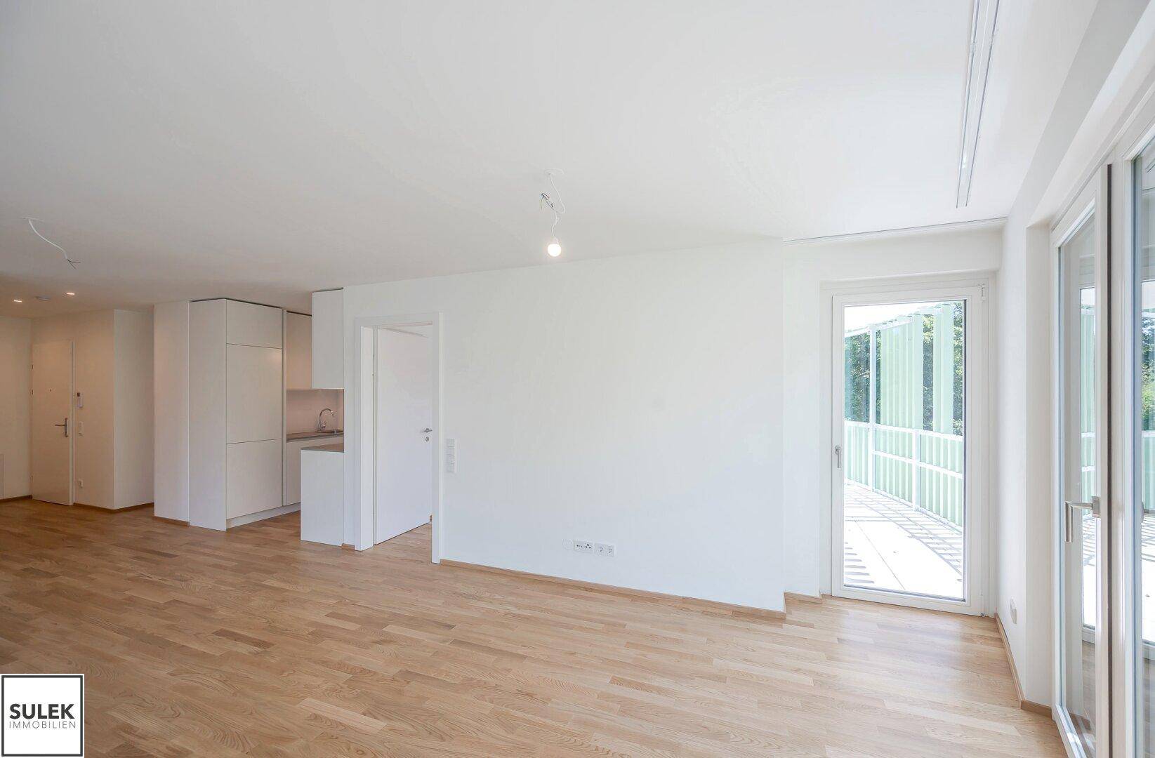 Offener Wohnbereich mit Parkettboden und integrierter Küchenzeile, bietet Zugang zum Balkon.