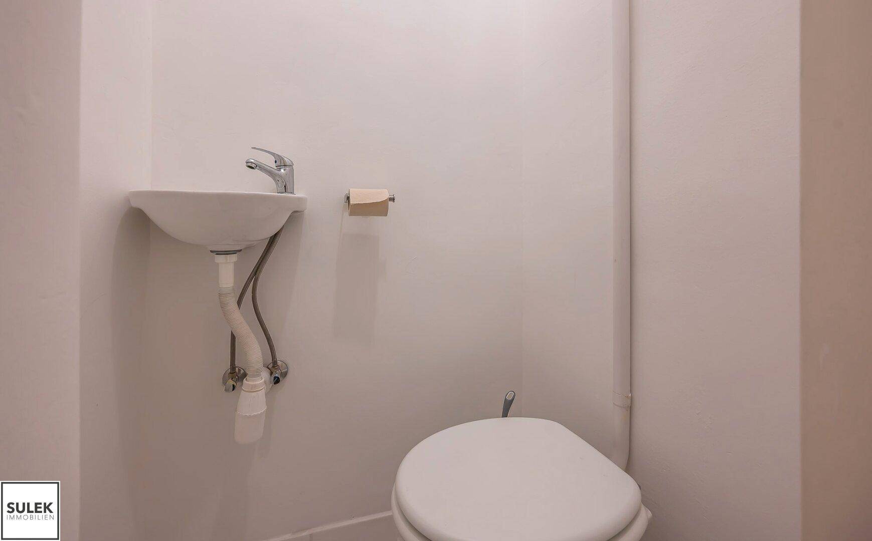 Kleines Gäste-WC mit Toilette und Handwaschbecken, einfach und funktional gestaltet.