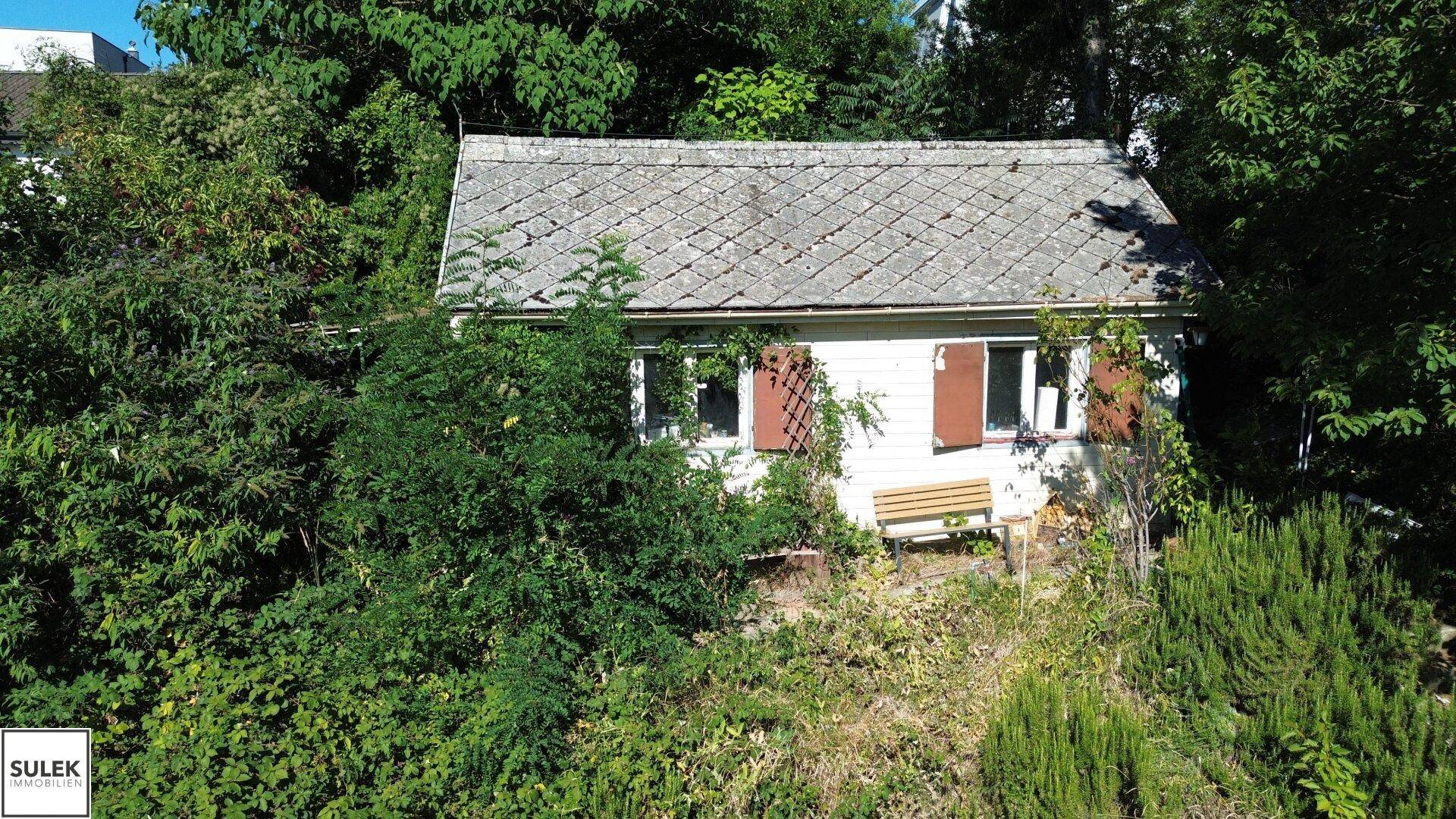 Kleines Haus mit weißer Fassade, braunen Fensterläden und einem verwilderten Gartenbereich.