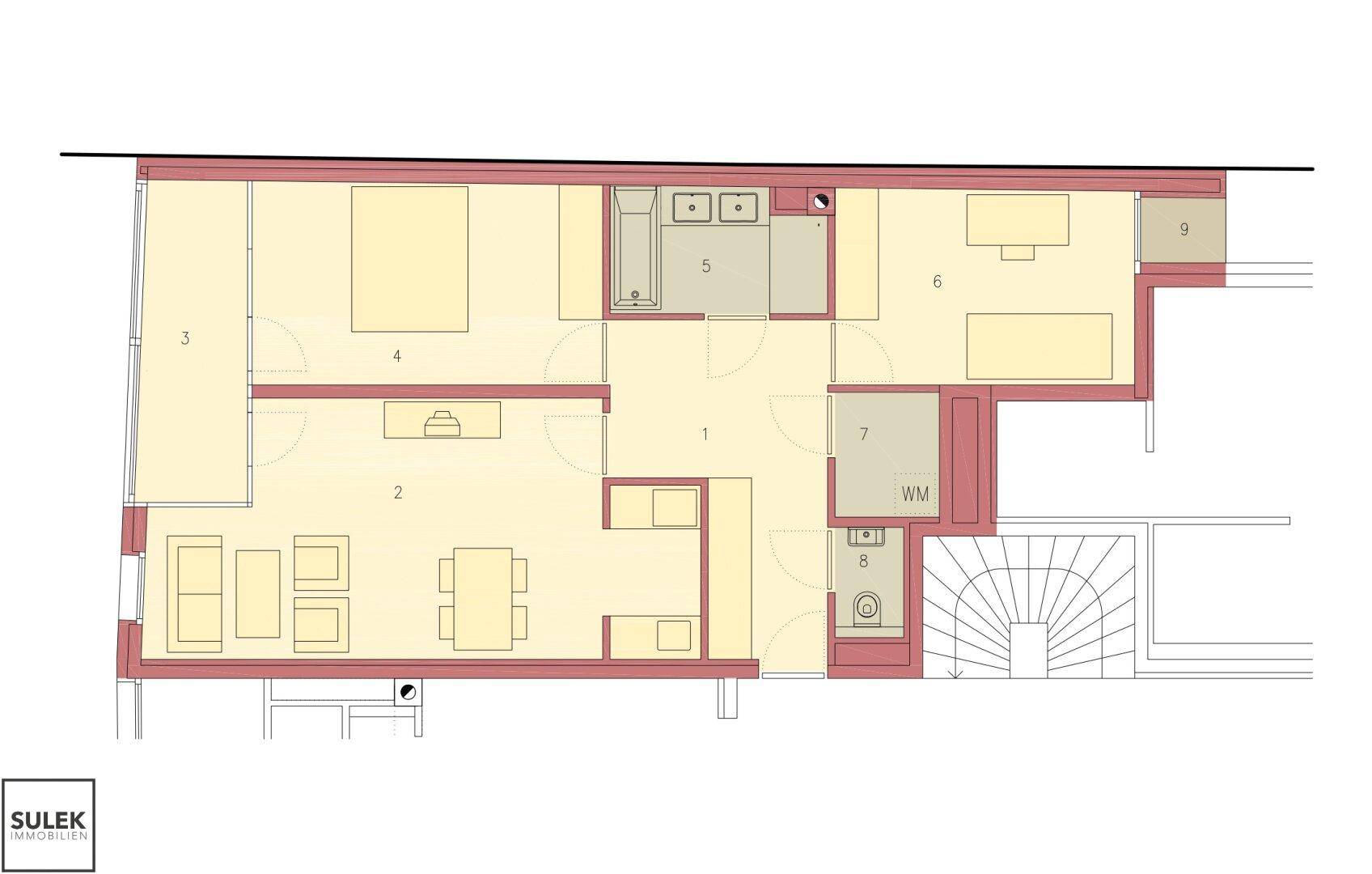 Detaillierter Grundriss einer Wohnung mit mehreren Zimmern, Küche, Bad und Balkon.