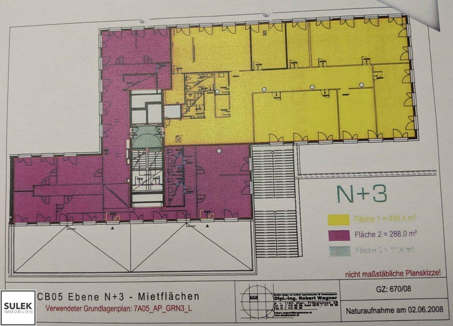 Farbiger Grundriss mit markierten Mietflächen und Legende.