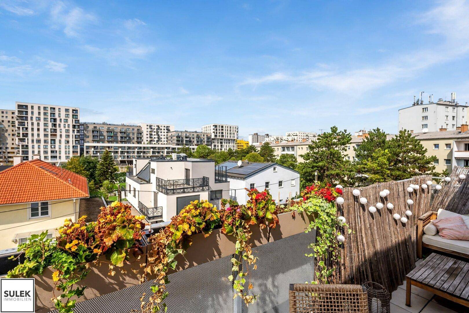 Weitblick von der Terrasse über die städtische Umgebung mit Wohngebäuden und Grünflächen.