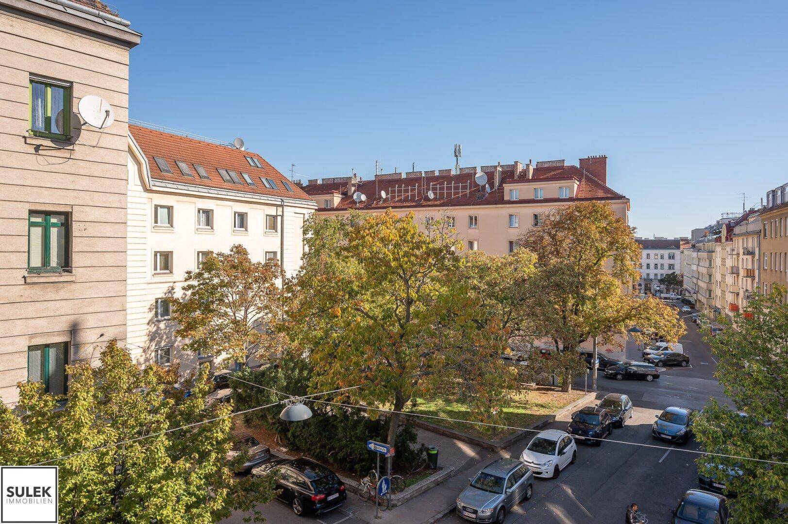 Blick von oben auf eine belebte Stadtstraße mit Bäumen und umliegenden Gebäuden.