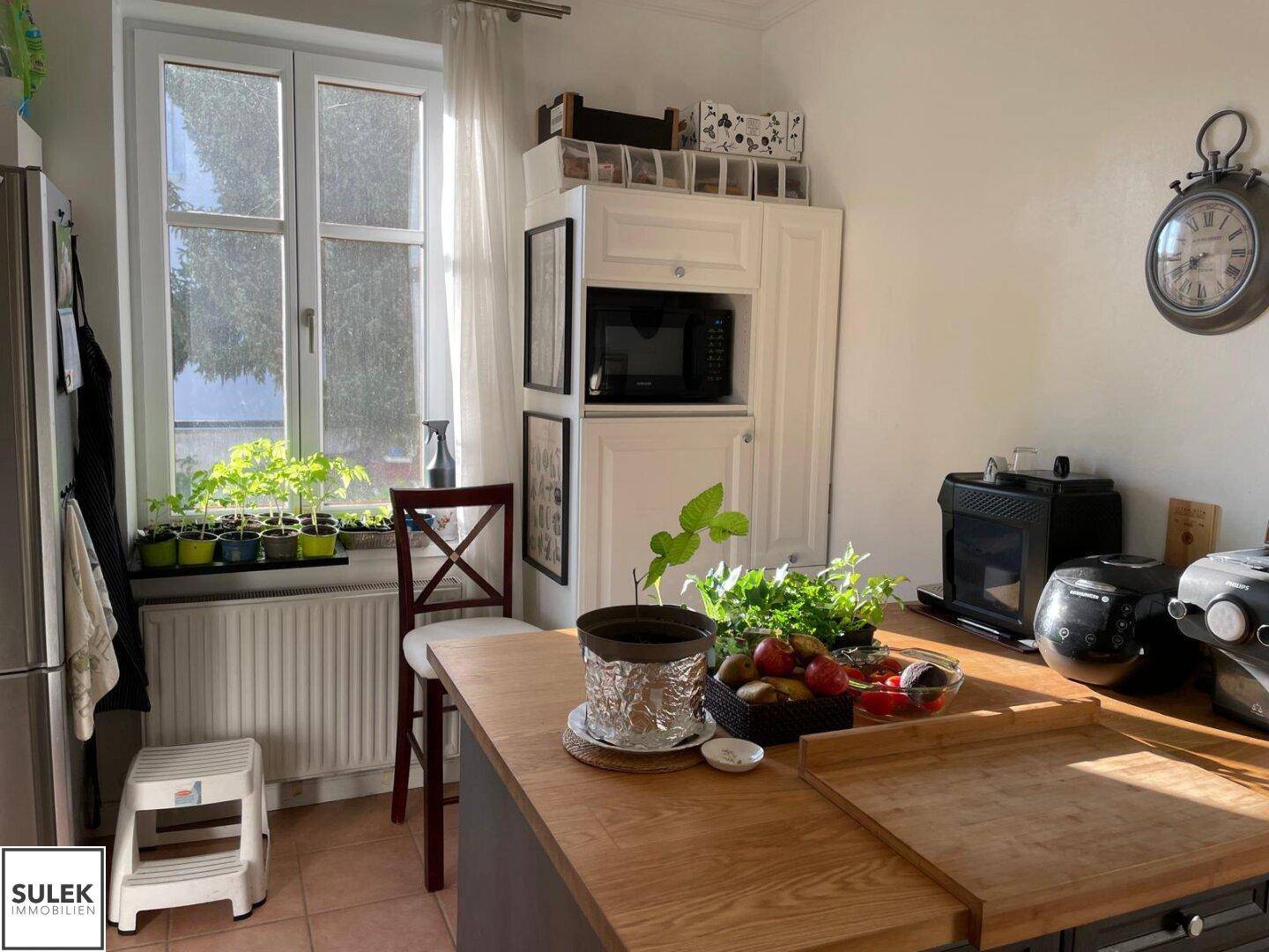 Helle Küche mit Holzarbeitsplatte, Fensterbank mit Pflanzen und einem großen Fenster für viel Tageslicht.