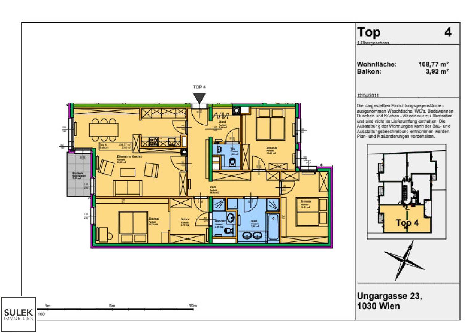 Grundriss einer Wohnung mit offenem Wohn-Essbereich, separater Küche, mehreren Schlafzimmern, zwei Bädern und einem Balkon.