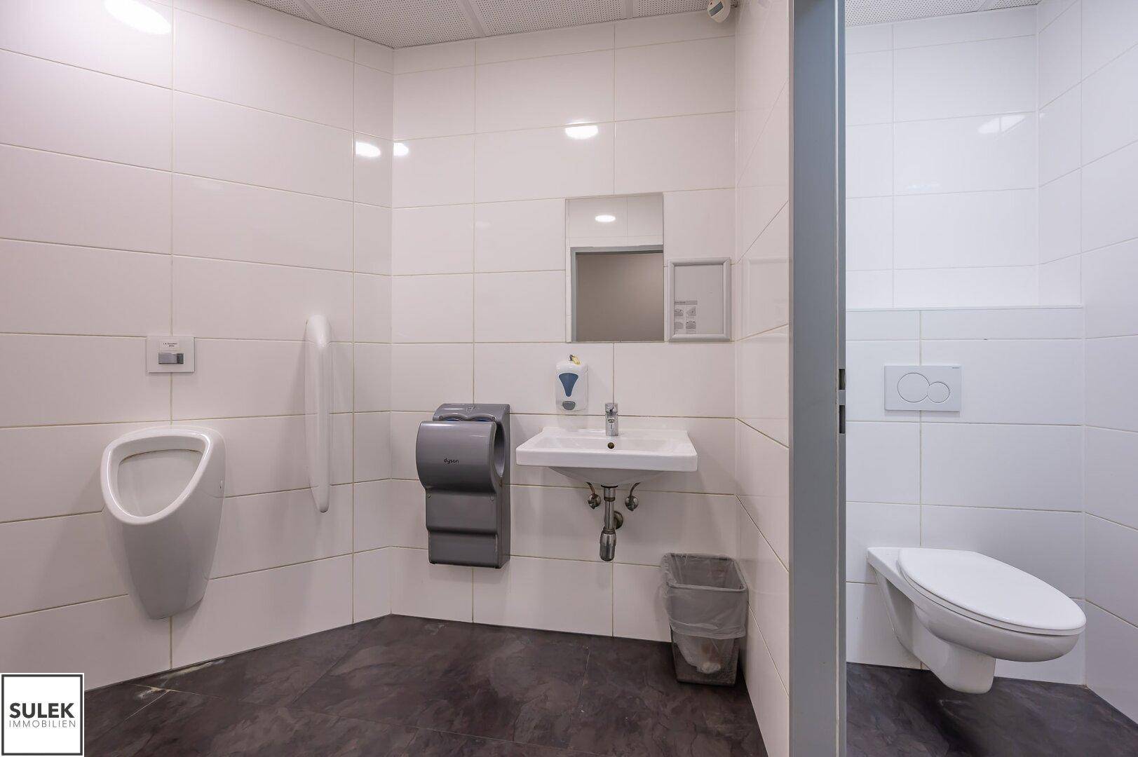 Barrierefreier Toilettenraum mit Urinal, WC, Waschbecken und Haltegriffen an den Wänden.