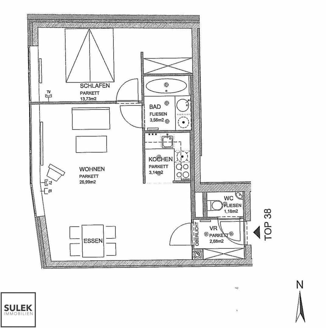 Grundriss der Wohnung mit Schlafzimmer, Wohnbereich, Küche, Bad und separatem WC.