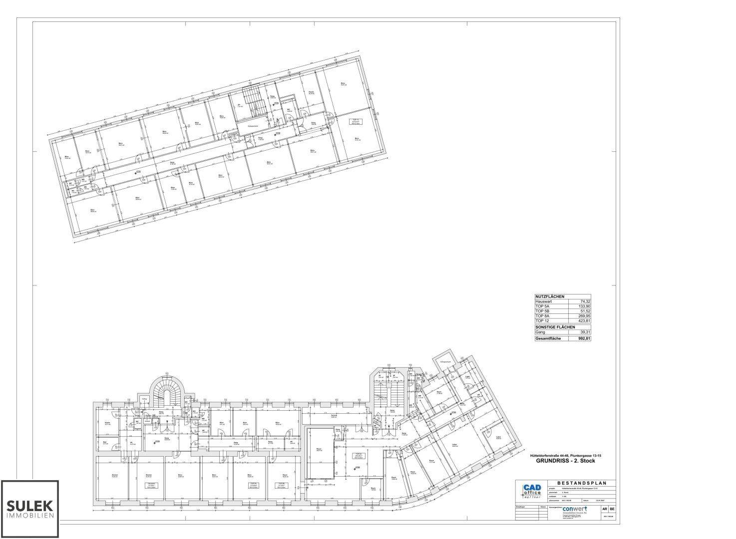 Zwei Grundrisse einer Büroetage, die verschiedene Layout-Optionen und Flächen für Büroräume zeigen.