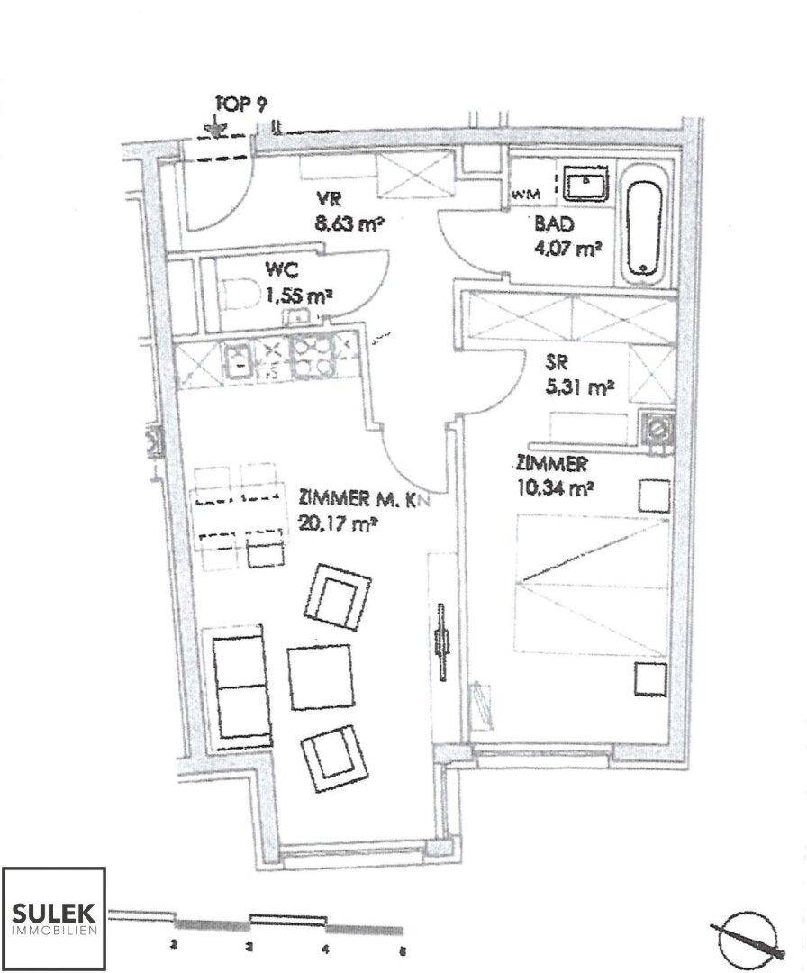Grundriss einer Wohnung mit Zimmern, Bad, WC und Gesamtflächenangaben.